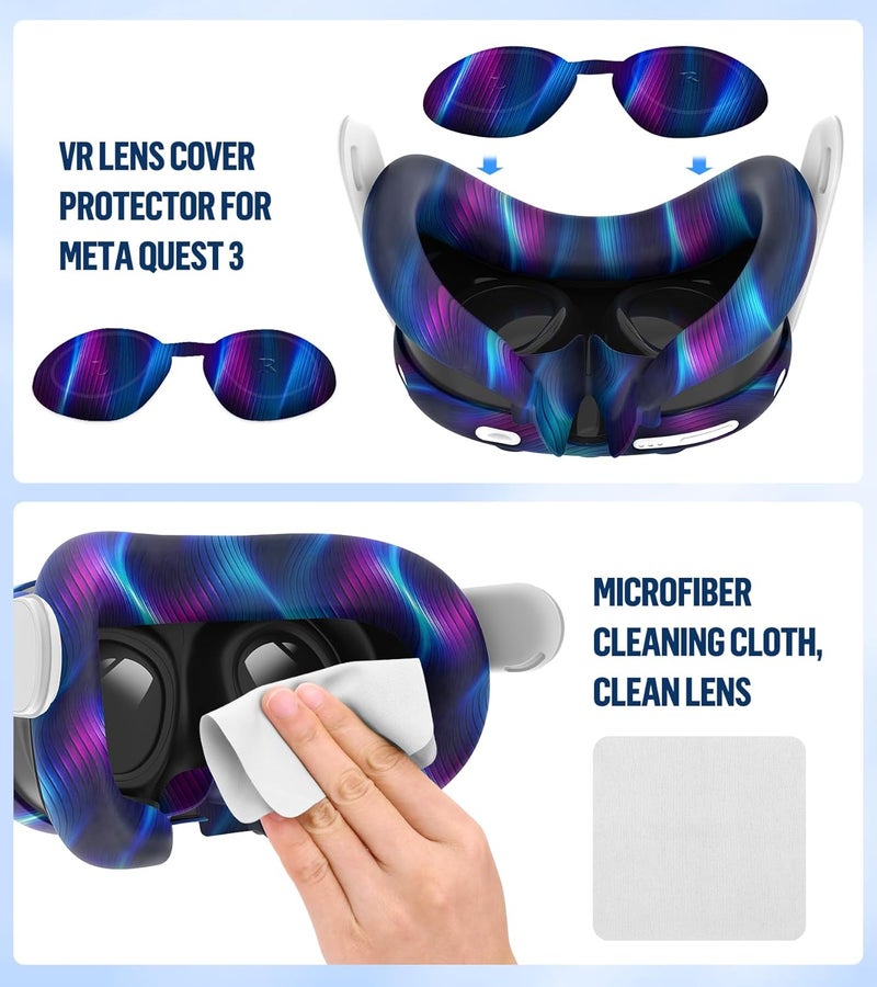 YRXVW Silicone Cover Set Compatible with Oculus/Meta Quest 3, Touch Controller Grips Cover, VR Shell Cover, Facial Interface Cover, Protective Lens Cover, Tempered Glass Lens Caps (Aurora Blue) - Image 5